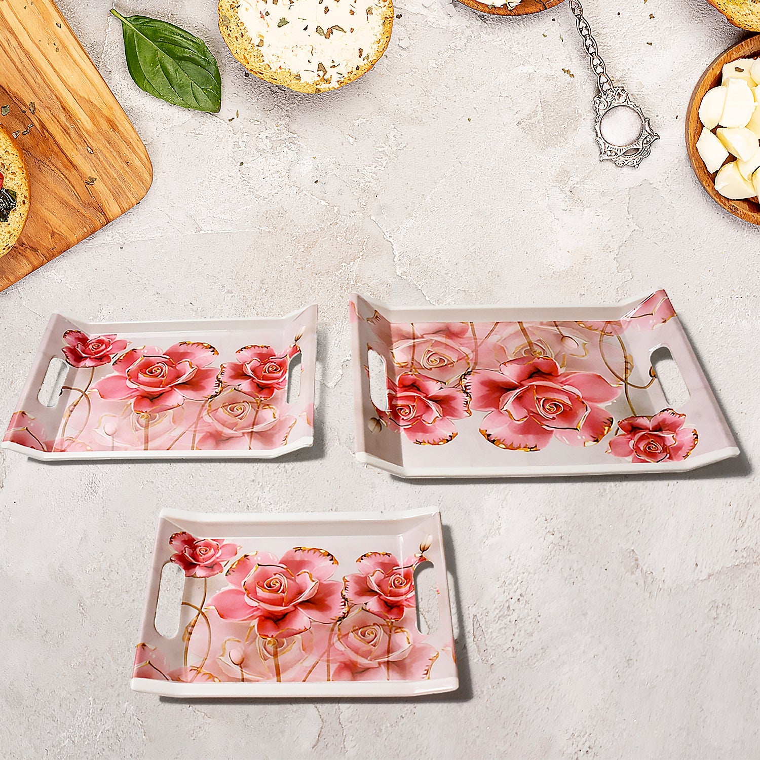 Plastic Rectangular Shape Flower Printed Design Serving Tray 3 pcs Home and Kitchen Use (3 pcs set)