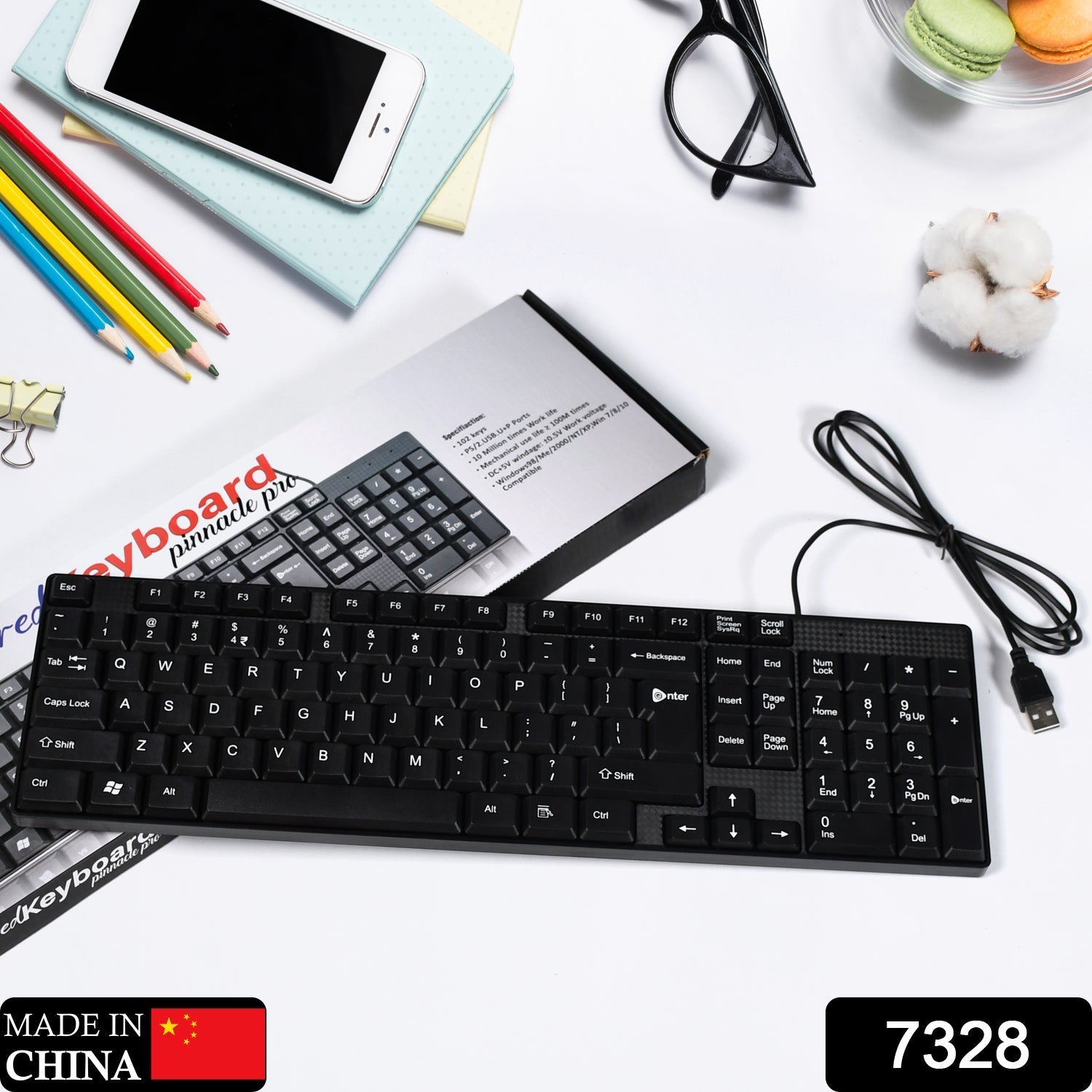 Wired USB 102 Keys, Ergonomic Portable Typewriter Keyboard for Home Office, Plug and Play