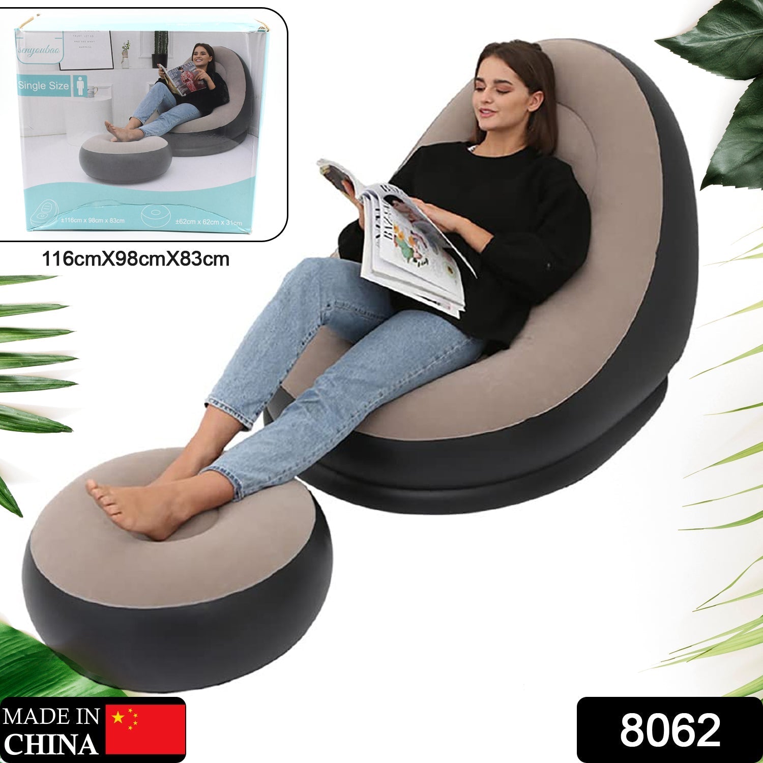 Inflatable Sofa Lounge Chair Ottoman, Blow Up Chaise Lounge Air Sofa, Indoor Flocking Leisure Couch for Home Office Rest, Inflated Recliners Portable Deck Chair for Outdoor Travel Camping Picnic.