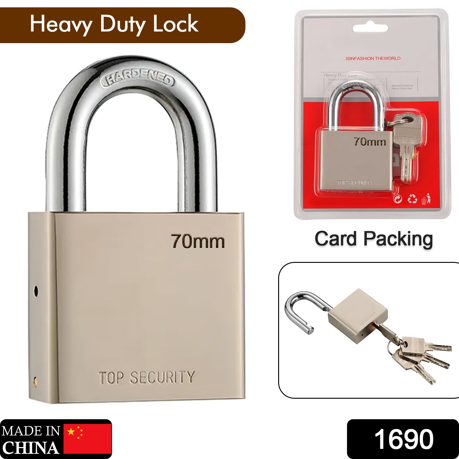 Heavy Steel Premium Square Padlock 70mm With 4 Keys | Multipurpose Hardened Shackle Padlock for Door, Gate, Shutter and Home