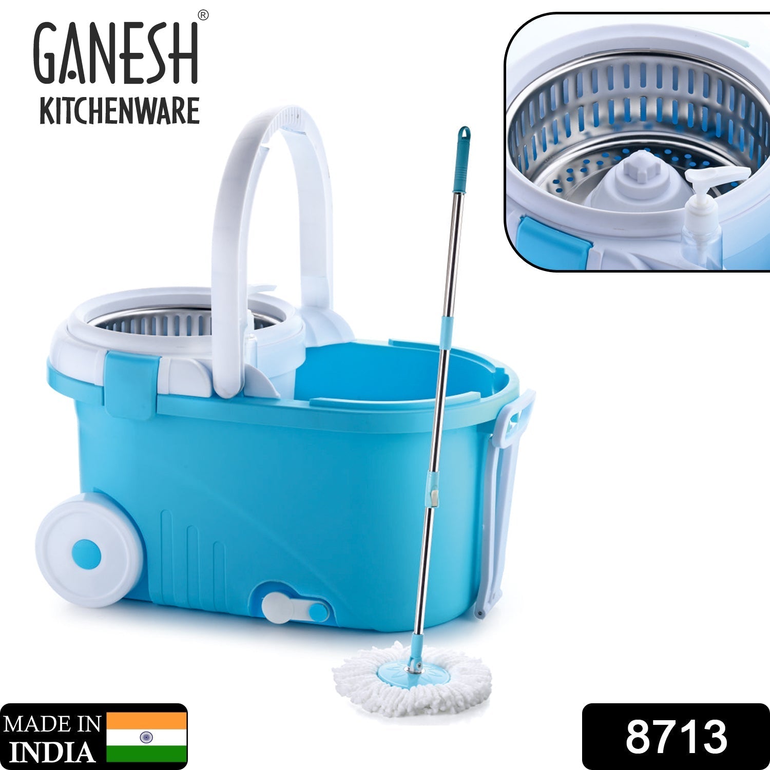 GANESH Prime Plus Steel Spinner Bucket Mop 360 Degree Self Spin Wringing with 2 Absorbers for Home and Office Floor Cleaning Mops Set.