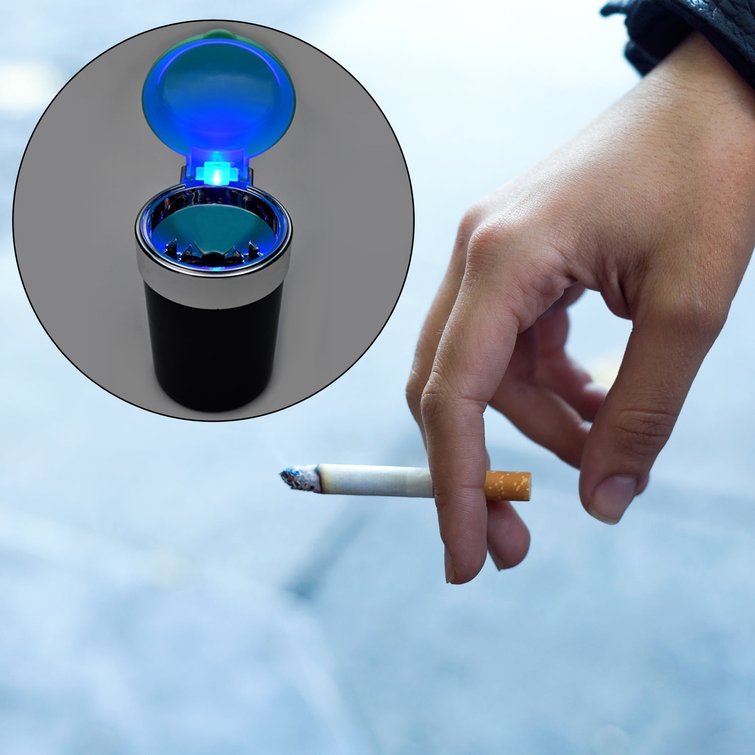 Car Smokeless Ashtray Blue LED Cool Light Indicator Travel Auto Cigarette Odor Remover Smoke Diffuser Stand Cylinder (Moq - 12pc)