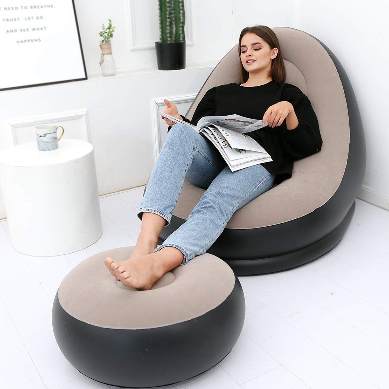 Inflatable Sofa Lounge Chair Ottoman, Blow Up Chaise Lounge Air Sofa, Indoor Flocking Leisure Couch for Home Office Rest, Inflated Recliners Portable Deck Chair for Outdoor Travel Camping Picnic.