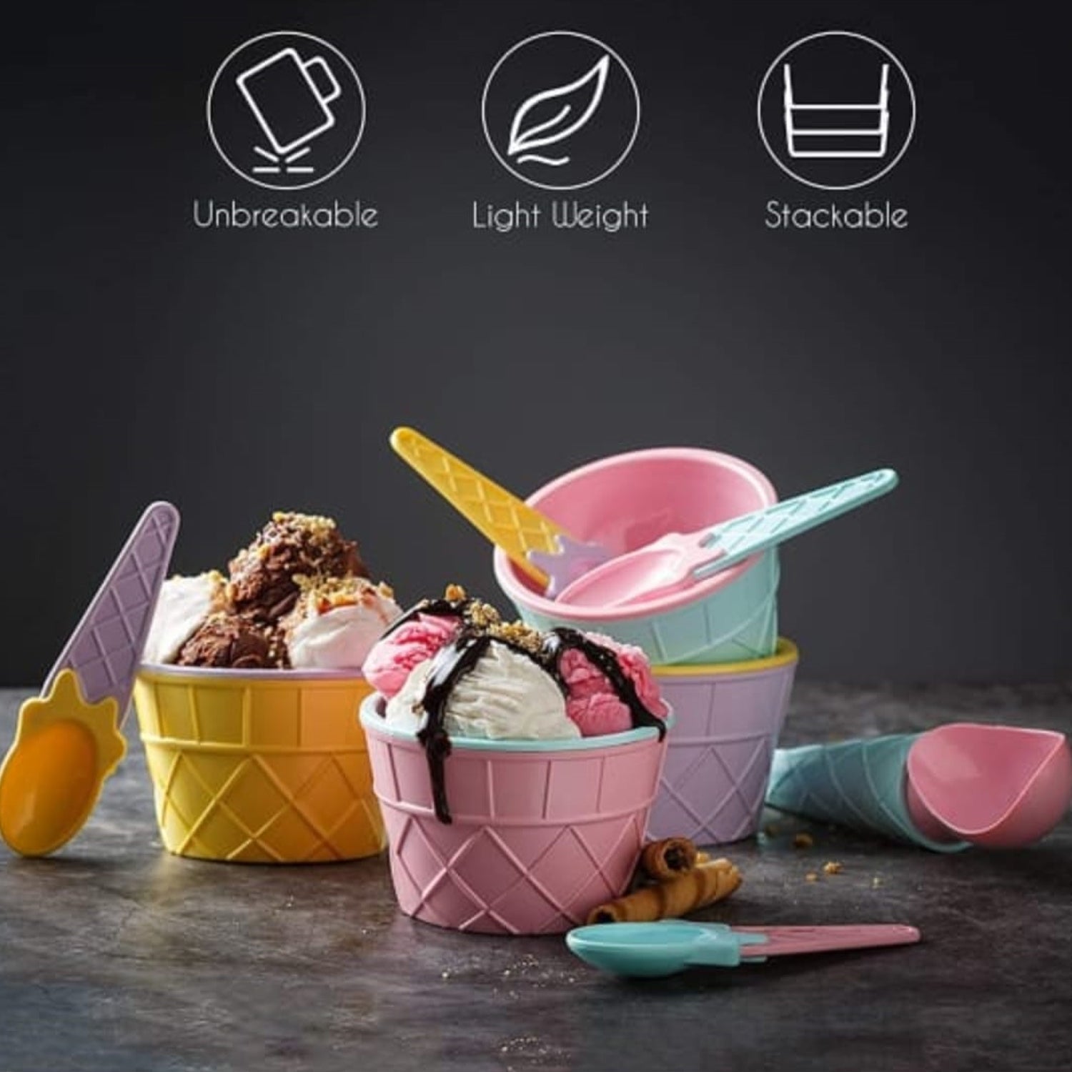 Ice-Cream Waffle Spoon Bowel Cup Set | Premium ice Cream Set | Ice-Cream Bowel with Spoon | 12 units Couple Bowl Set | Brown Box