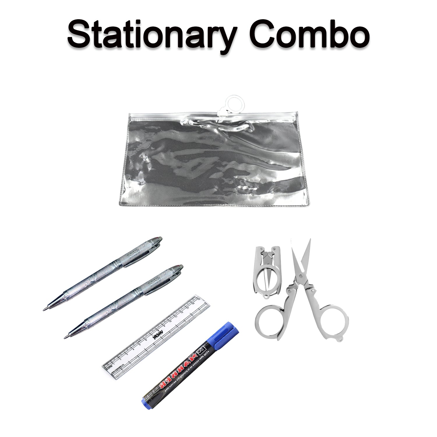 6-Pcs Combo Zipper Pouch scissor Ruler Pen And Marker Used While Studying By Teachers And Students In Schools And Colleges Etc.