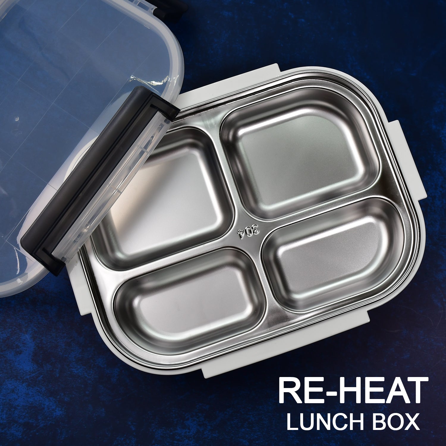 White Transparent 4 Compartment Lunch Box for Kids and adults, Stainless Steel Lunch Box with 4 Compartments.