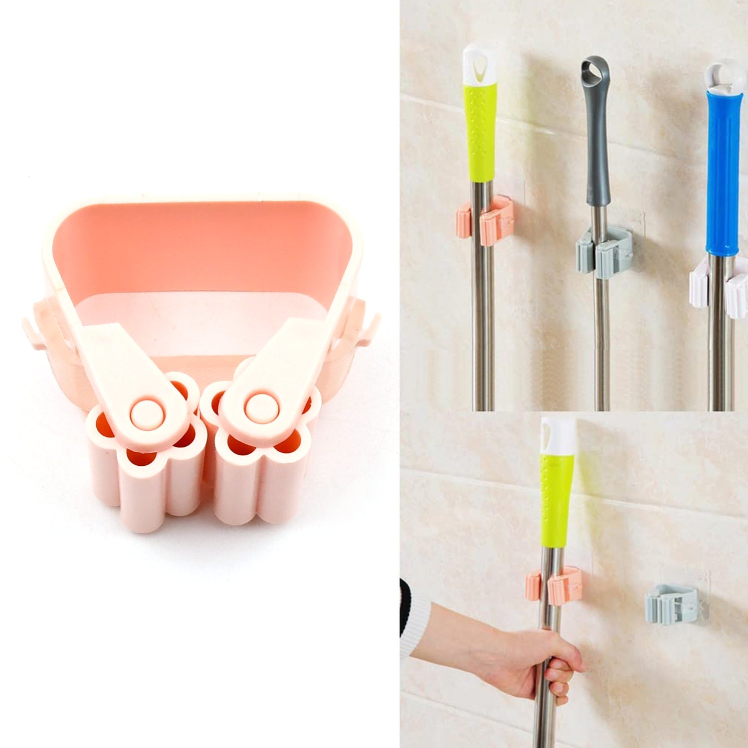 Broom Holder Wall Mounted, Mop and Broom Holder Broom Organizer Grip Clips, No Drilling, Wall Mounted Storage Rack Storage & Organization for Kitchen, Bathroom, Garden (1 Pc)