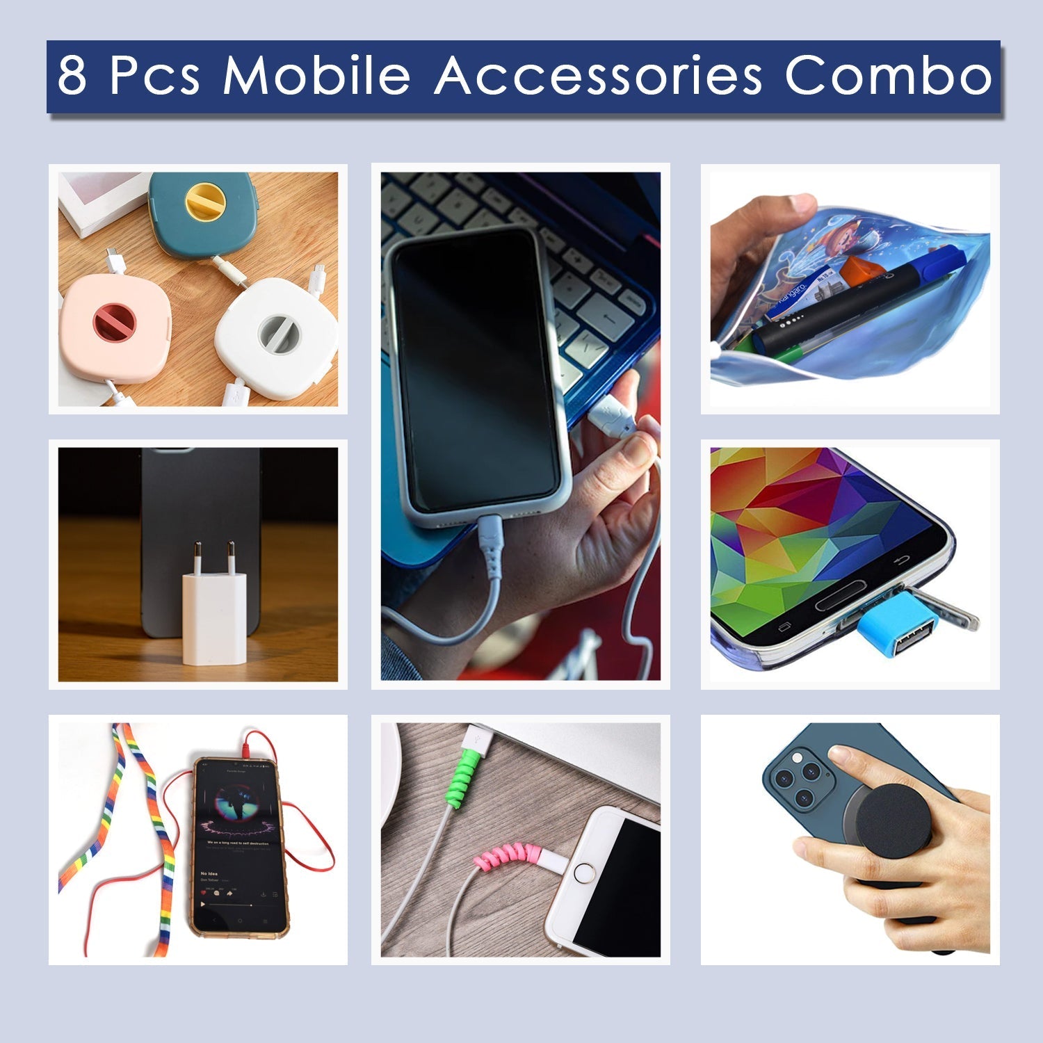 8Pcs Mobile Accessories Combo In Zip Printed Pouch Bag