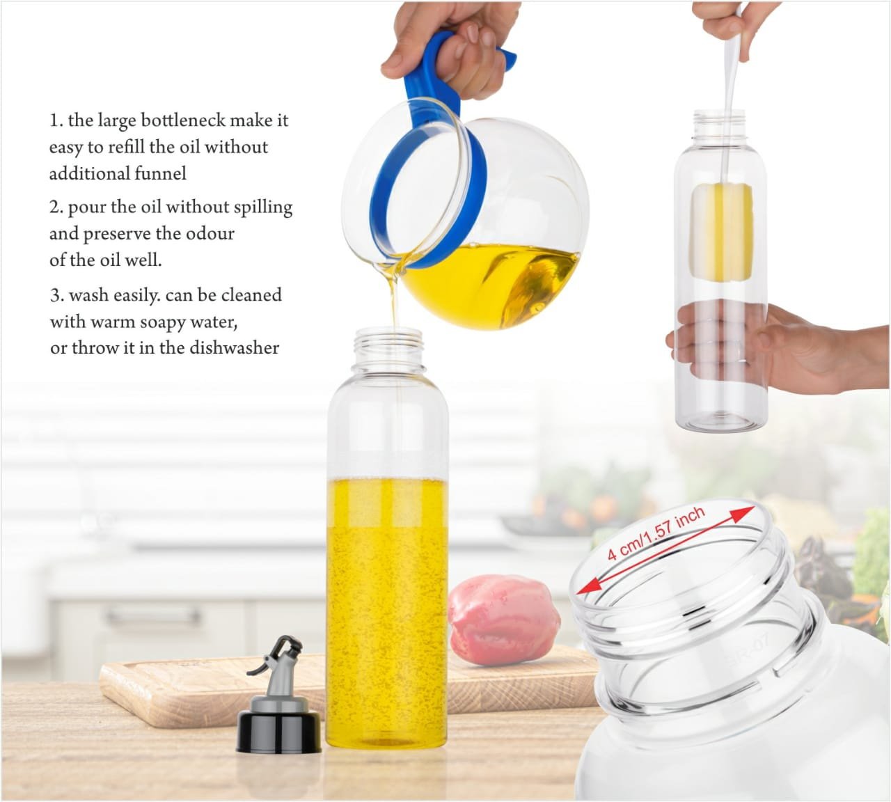 1LTR OIL DISPENSERWITH LID - CLEAR, DRIP FREE SPOUT, CONTROLLED USE