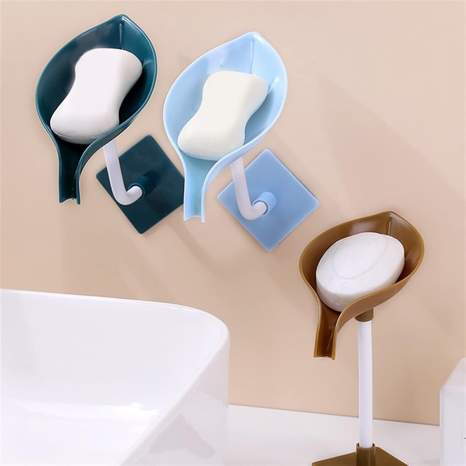 Soap Holder Leaf-Shape Self Draining Soap Dish Holder, With Suction Cup Soap Dish Suitable for Shower, Bathroom, Kitchen Sink