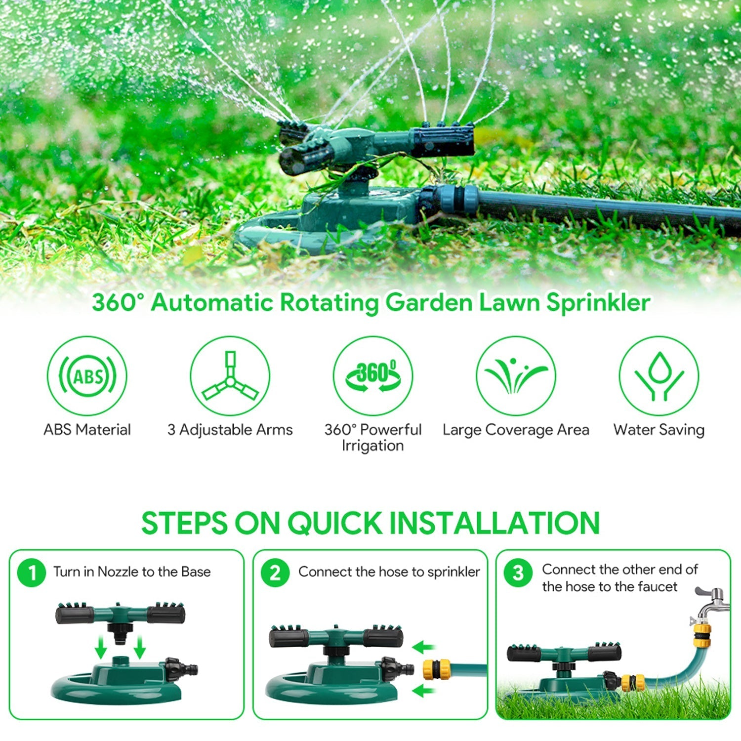 360 Degree 3 Arm Sprinkler for Watering Garden and Lawn Irrigation Yard Water Sprayer