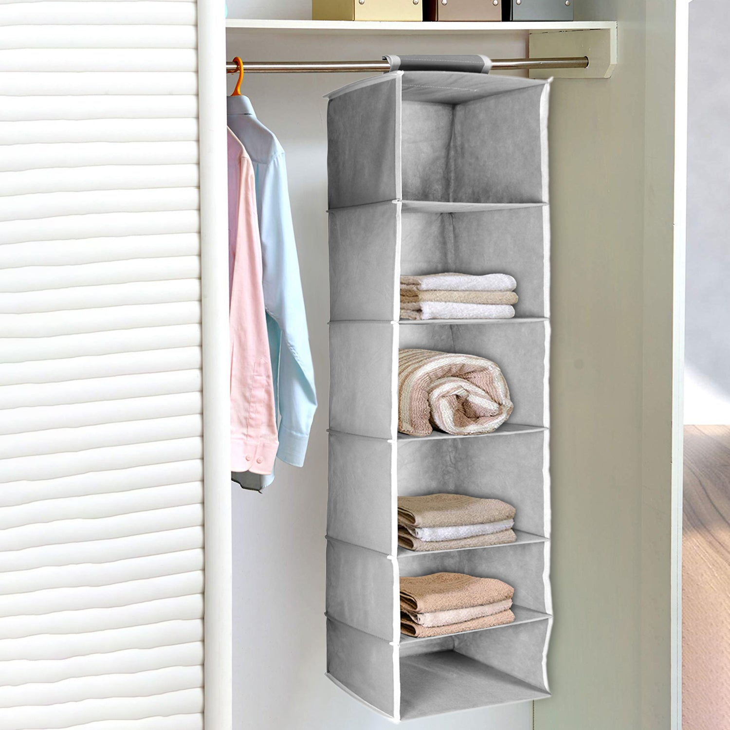 6 Shelf Hanging Closet Organizer, Space Saver, Sweater & Clothing Shelves, Breathable Material Keeps Away Dust & Odors,