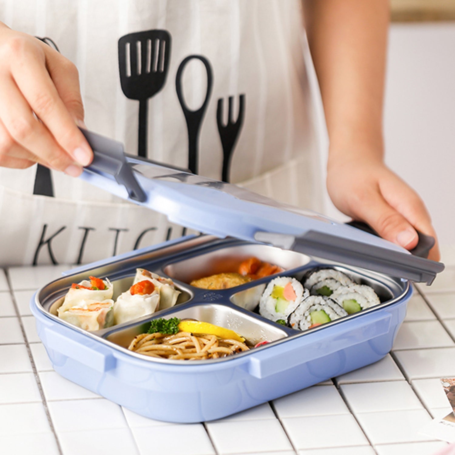 White Transparent 4 Compartment Lunch Box for Kids and adults, Stainless Steel Lunch Box with 4 Compartments.