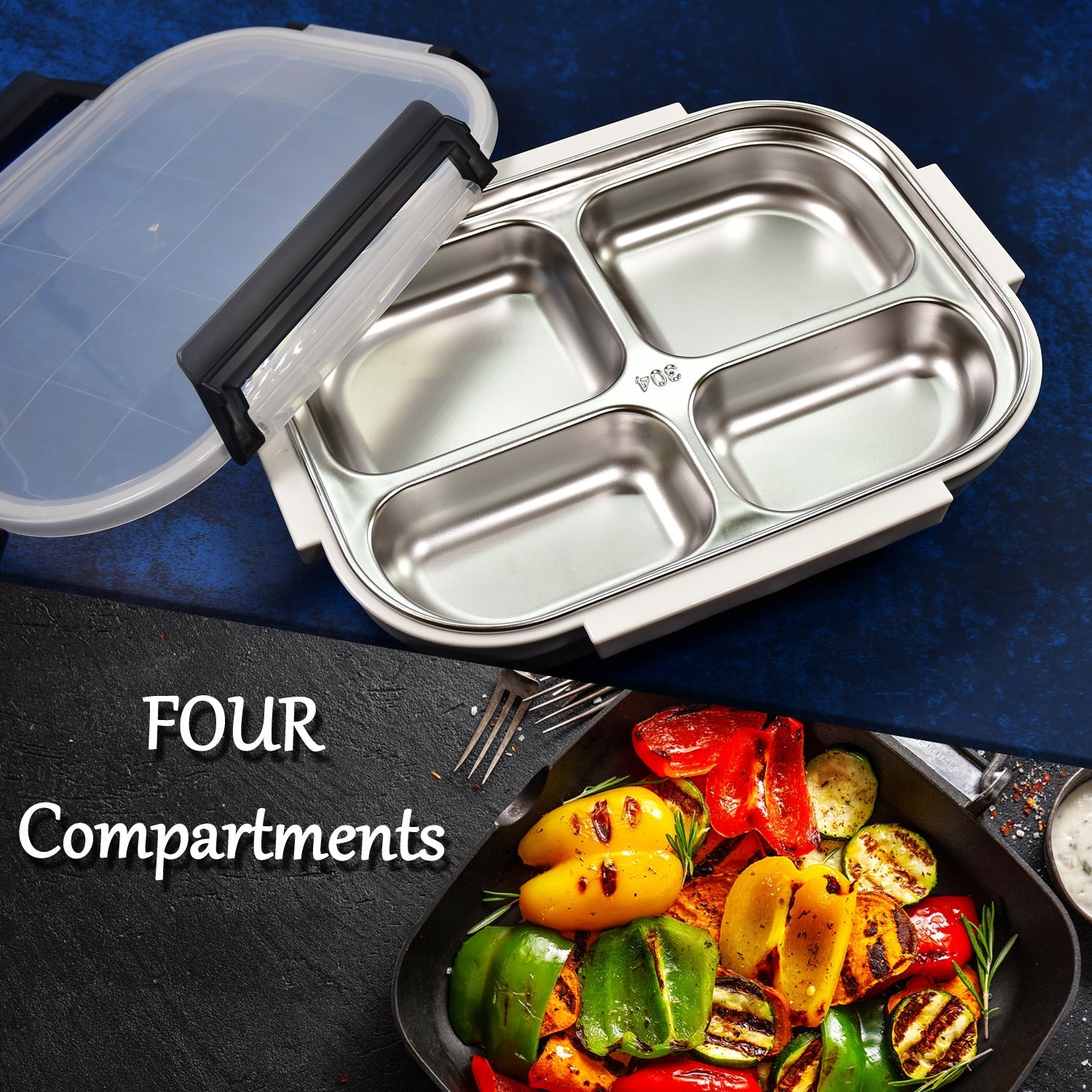 White Transparent 4 Compartment Lunch Box for Kids and adults, Stainless Steel Lunch Box with 4 Compartments.