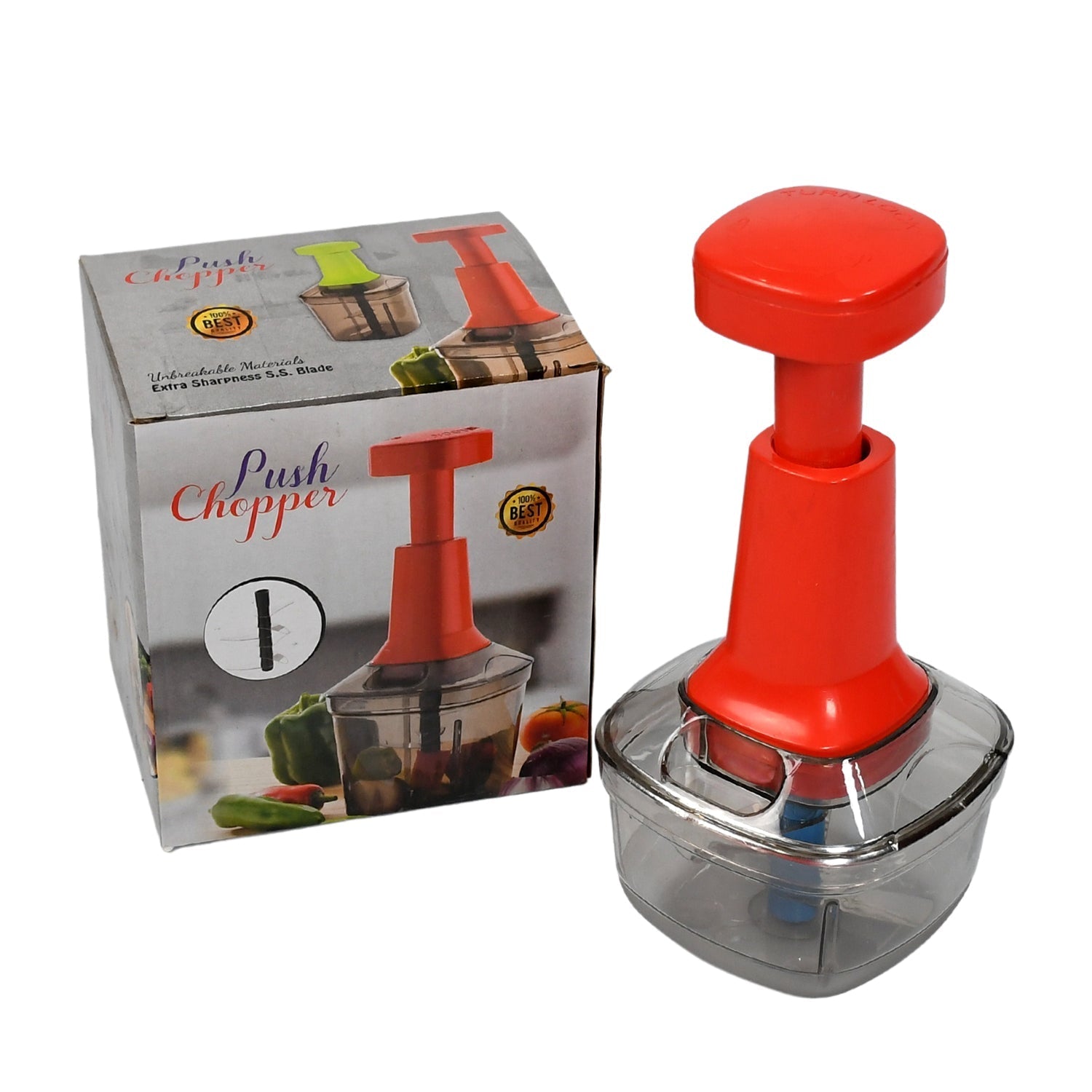 Manual Food Push Chopper And Hand Push Vegetable Chopper, Cutting Chopper For Kitchen With 3 Stainless Steel Blade ( B Grade Chopper )