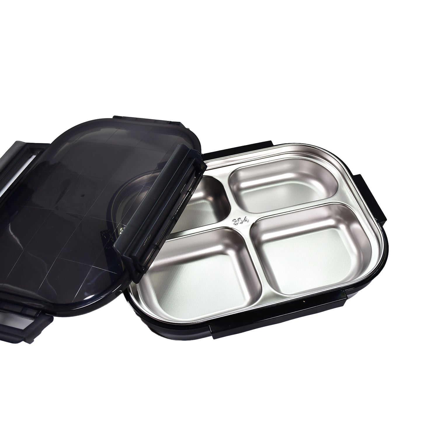 Black Transparent 4 Compartment Lunch Box for Kids and adults, Stainless Steel Lunch Box with 4 Compartments.