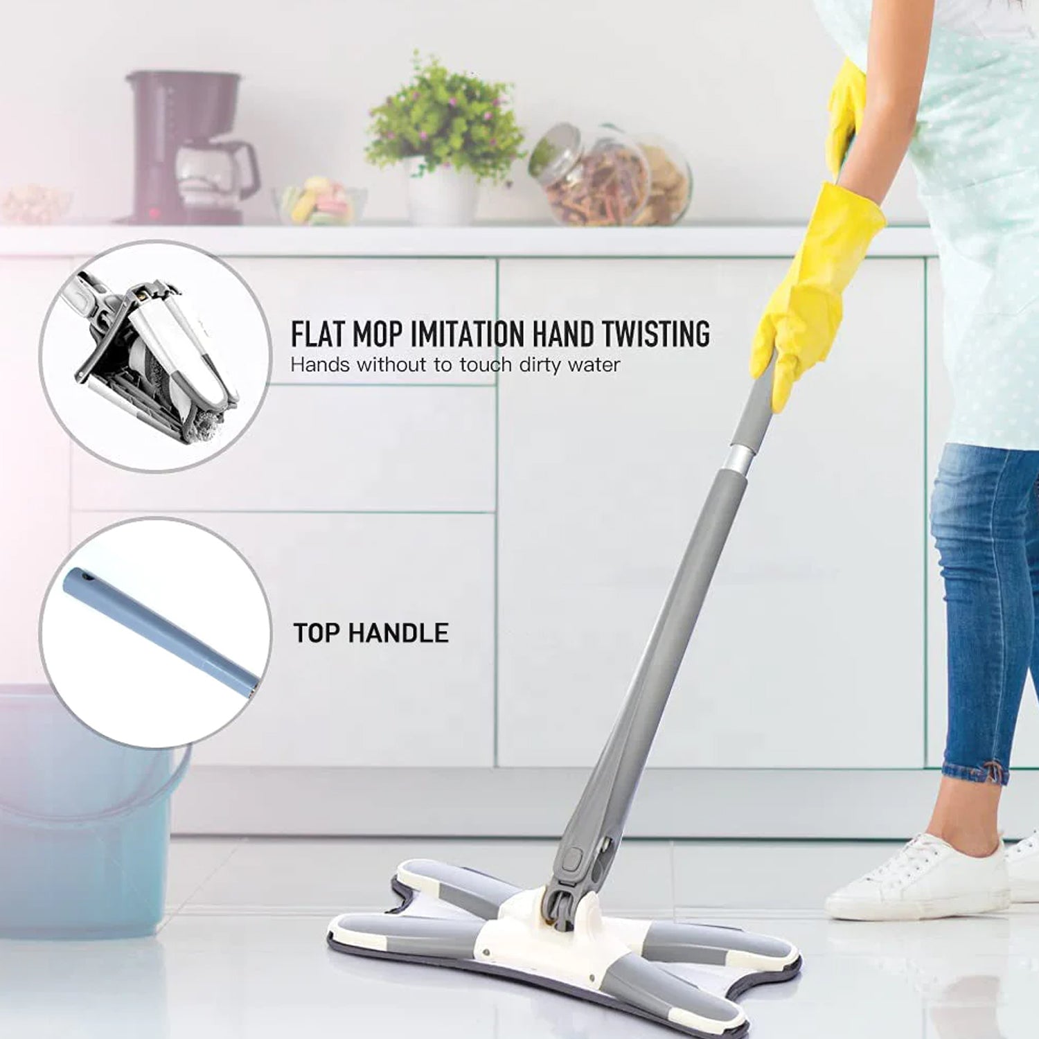 Adjustable 360° Flat Hand Mop: Floors, Walls, Ceilings (Easy Squeeze)