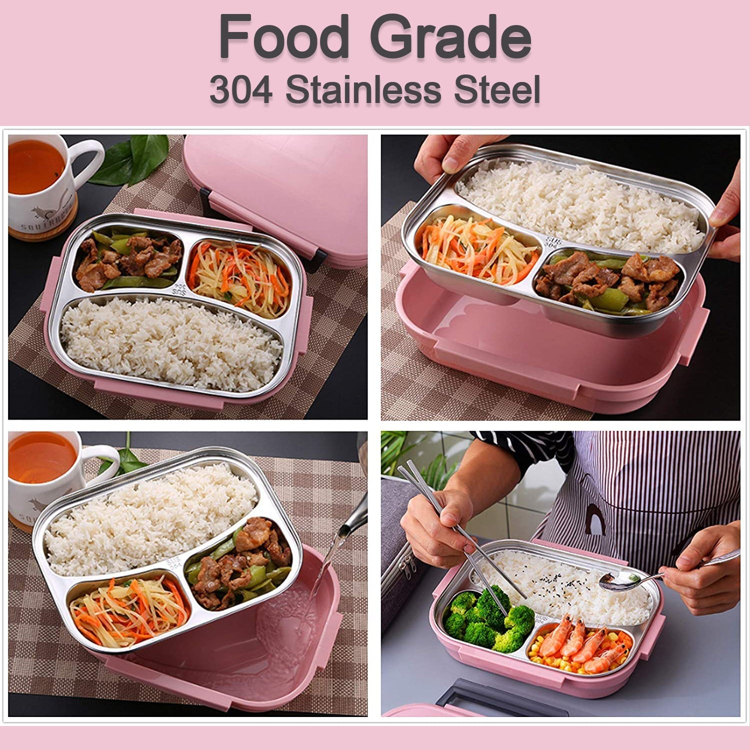 Lunch Box for Kids and adults, Stainless Steel Lunch Box with 3 Compartments.