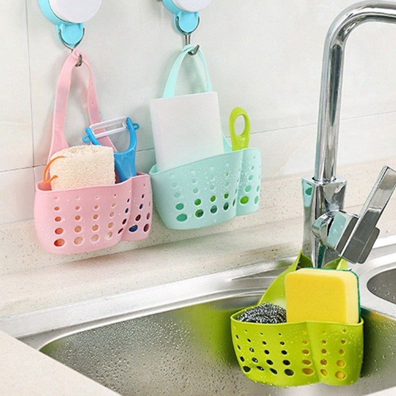 Adjustable Kitchen Bathroom Water Drainage Plastic Basket / Bag with Faucet Sink Caddy