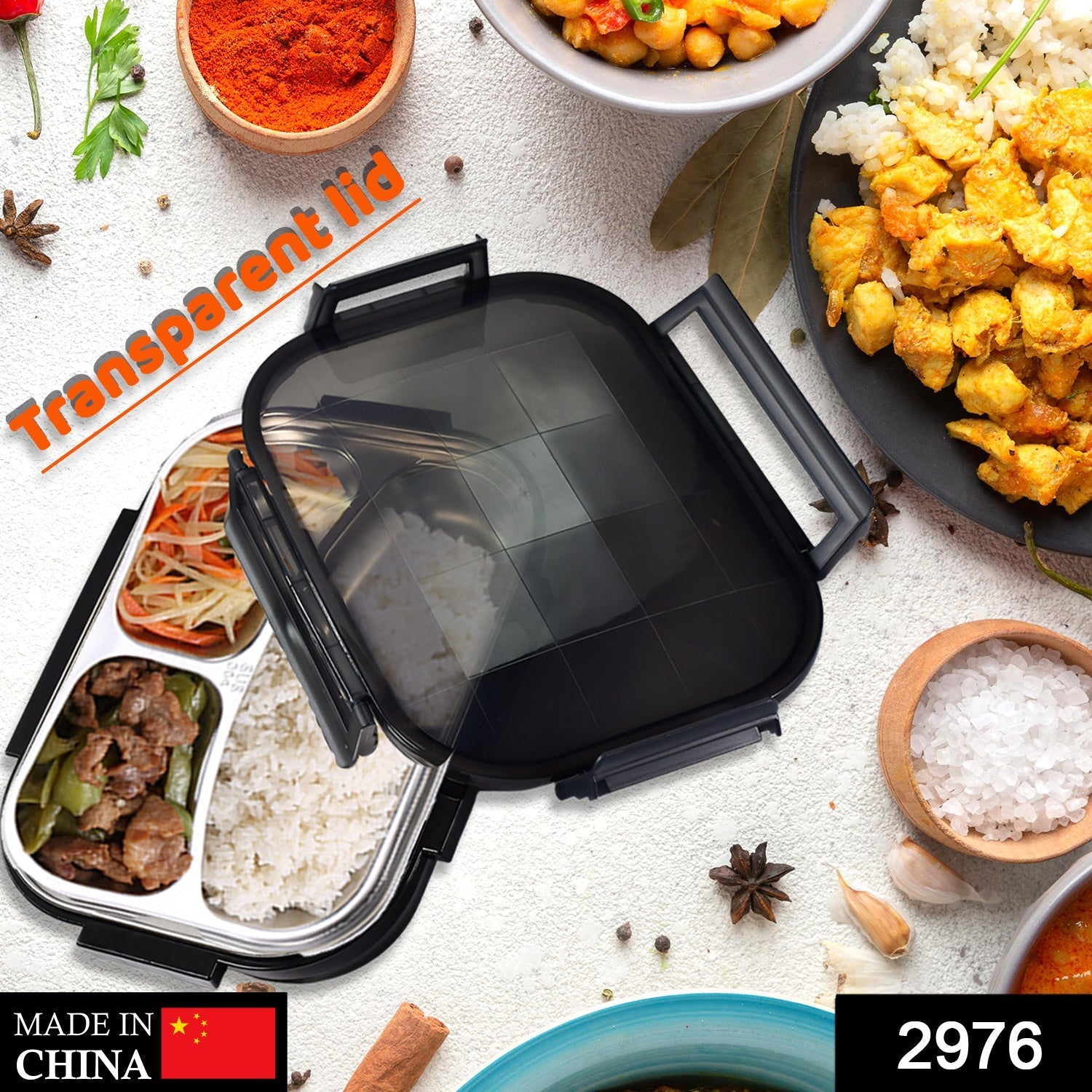 Black Transparent Lunch Box for Kids and adults, Stainless Steel Lunch Box with 3 Compartments.