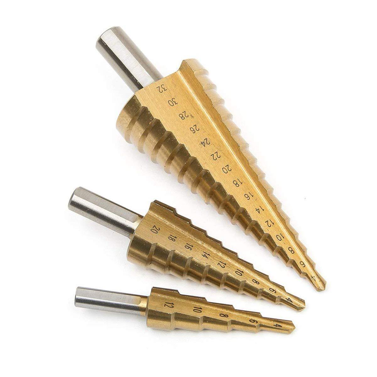 '-3X Large HSS Steel Step Cone Drill Titanium Bit Set Hole Cutter (4-32, 4-20, 4-12mm)