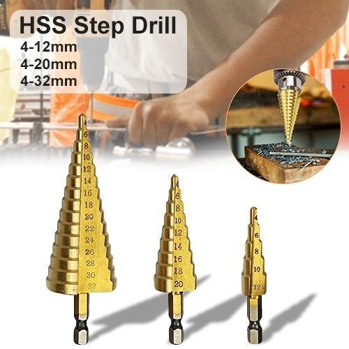 '-3X Large HSS Steel Step Cone Drill Titanium Bit Set Hole Cutter (4-32, 4-20, 4-12mm)