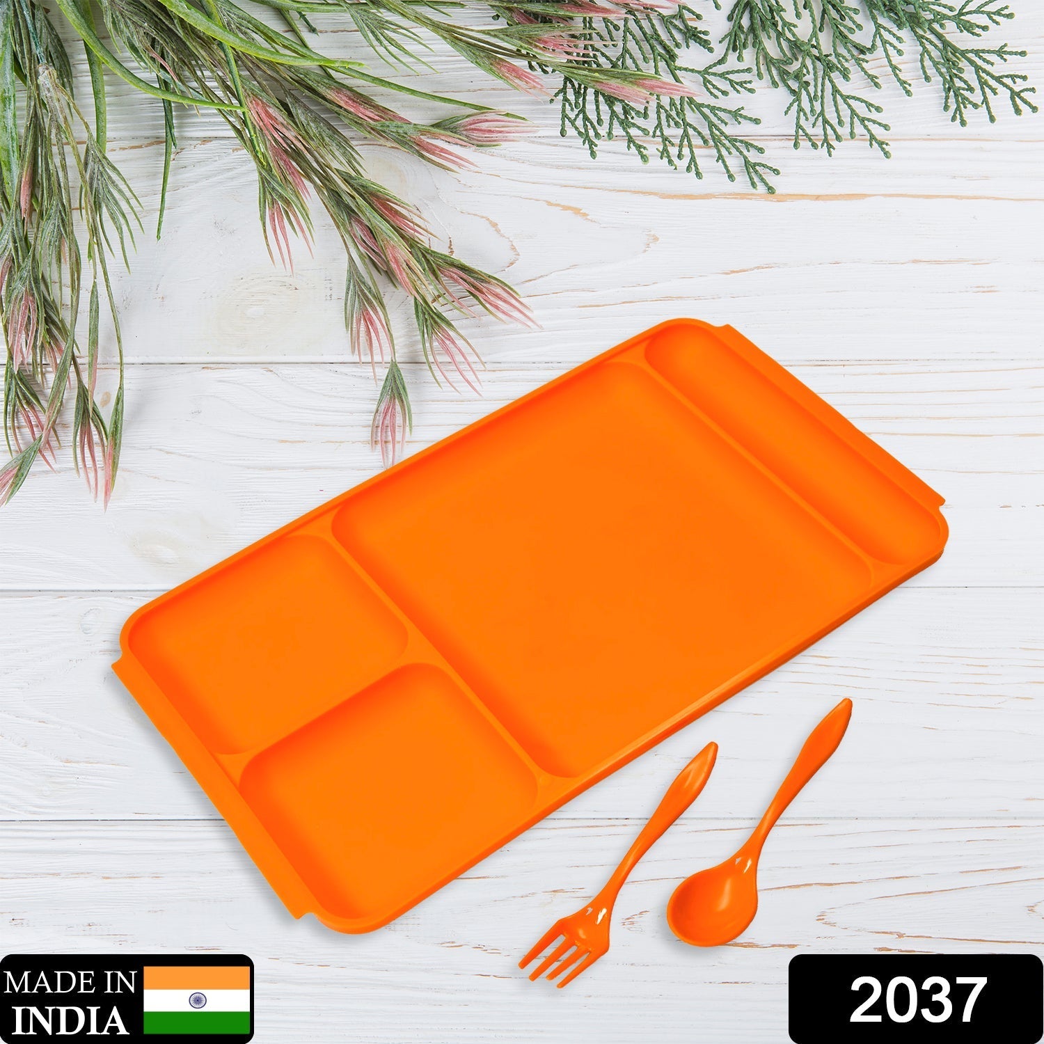 4Compartment Dish with Spoon and Fork(1 Dish Set with 1Spoon and 1Fork) Dinner Plate Plastic Compartment Plate Pav Bhaji Plate 4-Compartments Divided Plastic Food Plate.