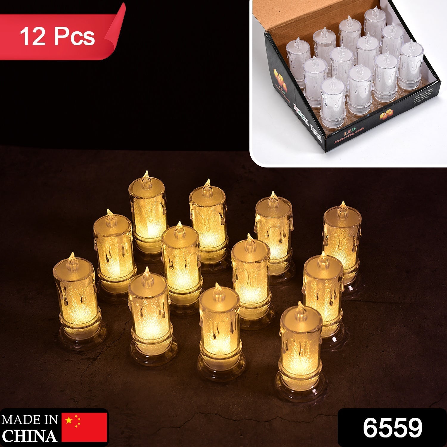 BIG SIZE FLAMELESS MELTED DESIGN CANDLES FOR DECORATION (SET OF 12PC)