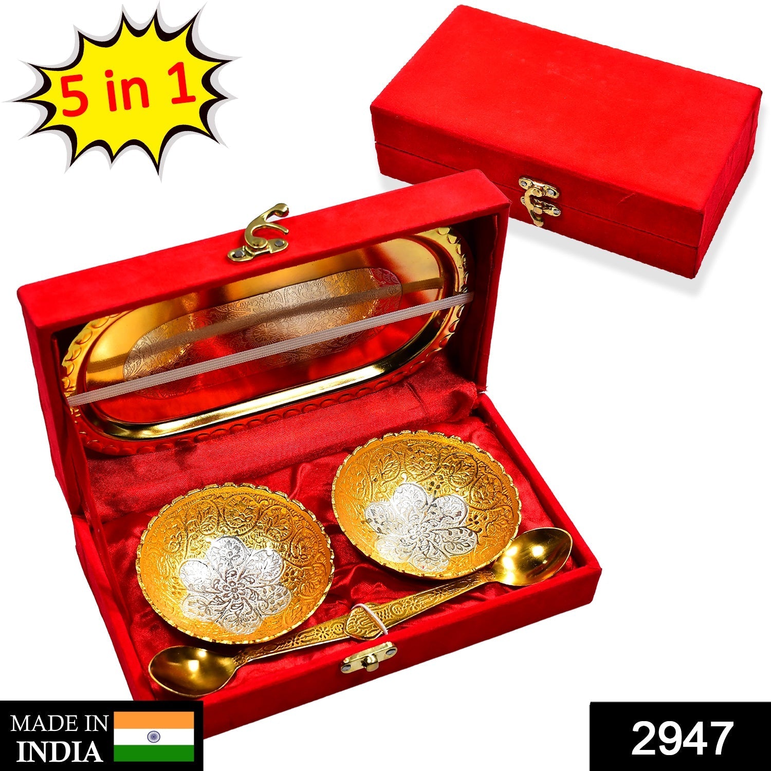 Gold Silver Plated 2 Bowl 2 Spoon Tray Set Brass with Red Velvet Gift Box Serving Dry Fruits Desserts Gift