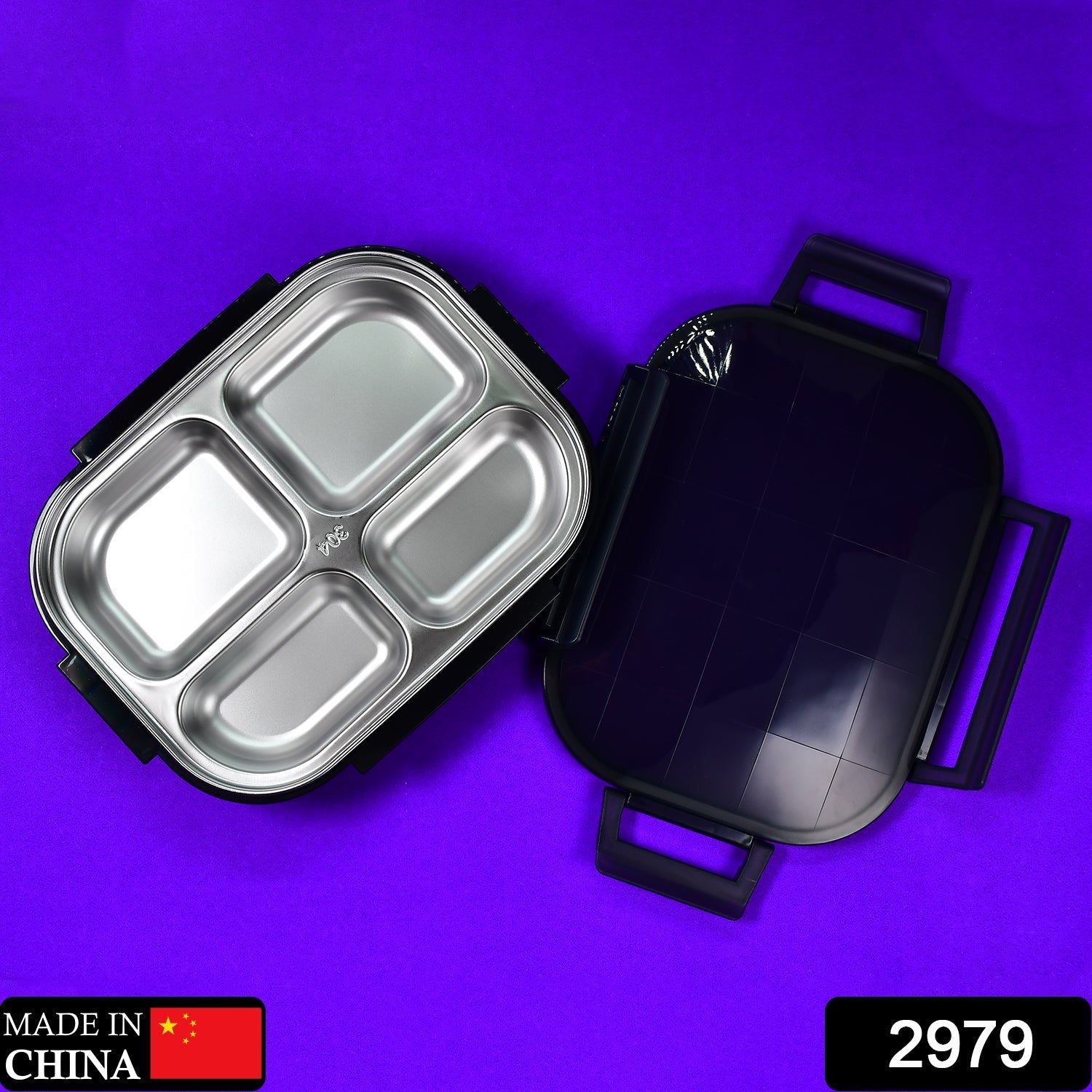 Black Transparent 4 Compartment Lunch Box for Kids and adults, Stainless Steel Lunch Box with 4 Compartments.