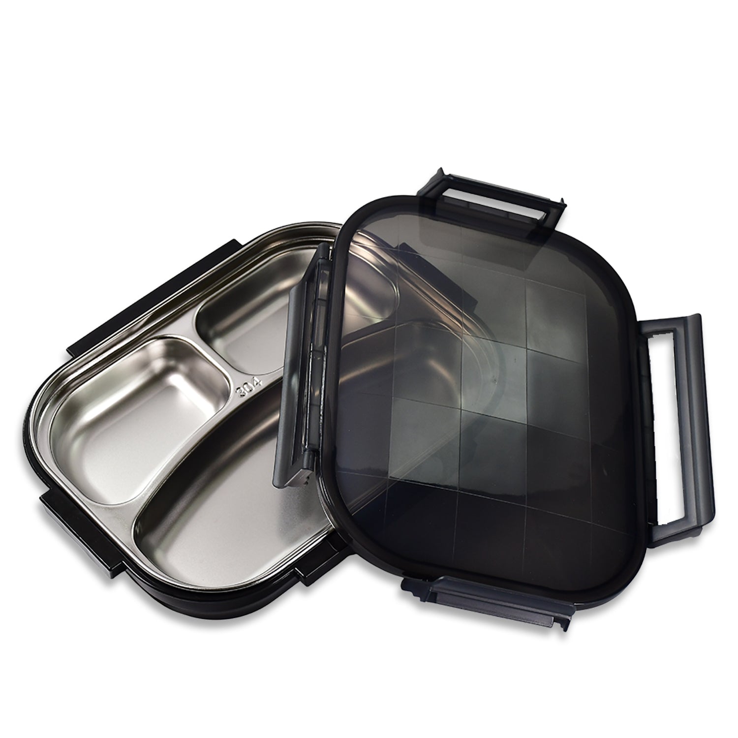 Black Transparent Lunch Box for Kids and adults, Stainless Steel Lunch Box with 3 Compartments.