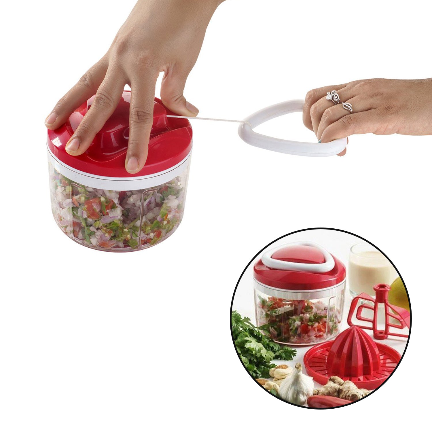 Ganesh Easy Pull 3-in-1 Plastic Chopper (650ml, 125mm, Red)