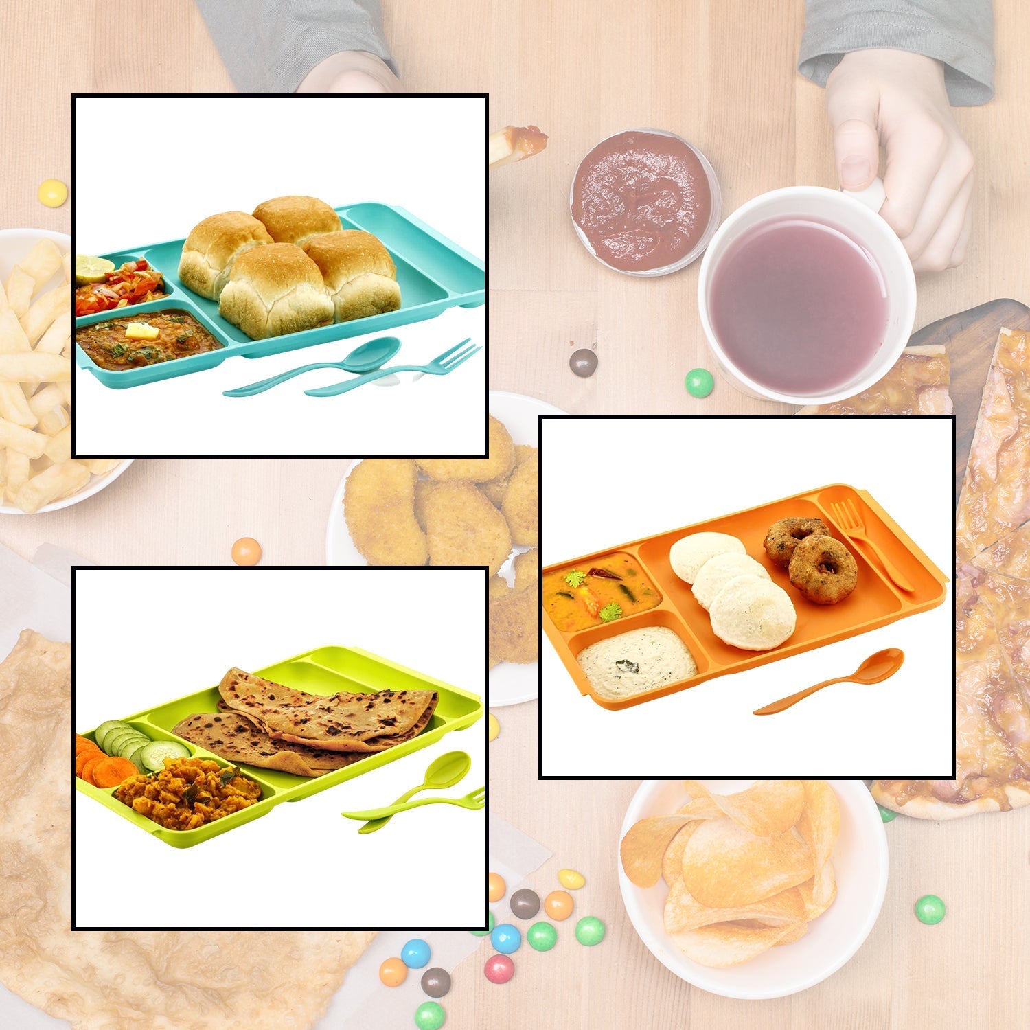 4Compartment Dish with Spoon and Fork(1 Dish Set with 1Spoon and 1Fork) Dinner Plate Plastic Compartment Plate Pav Bhaji Plate 4-Compartments Divided Plastic Food Plate.