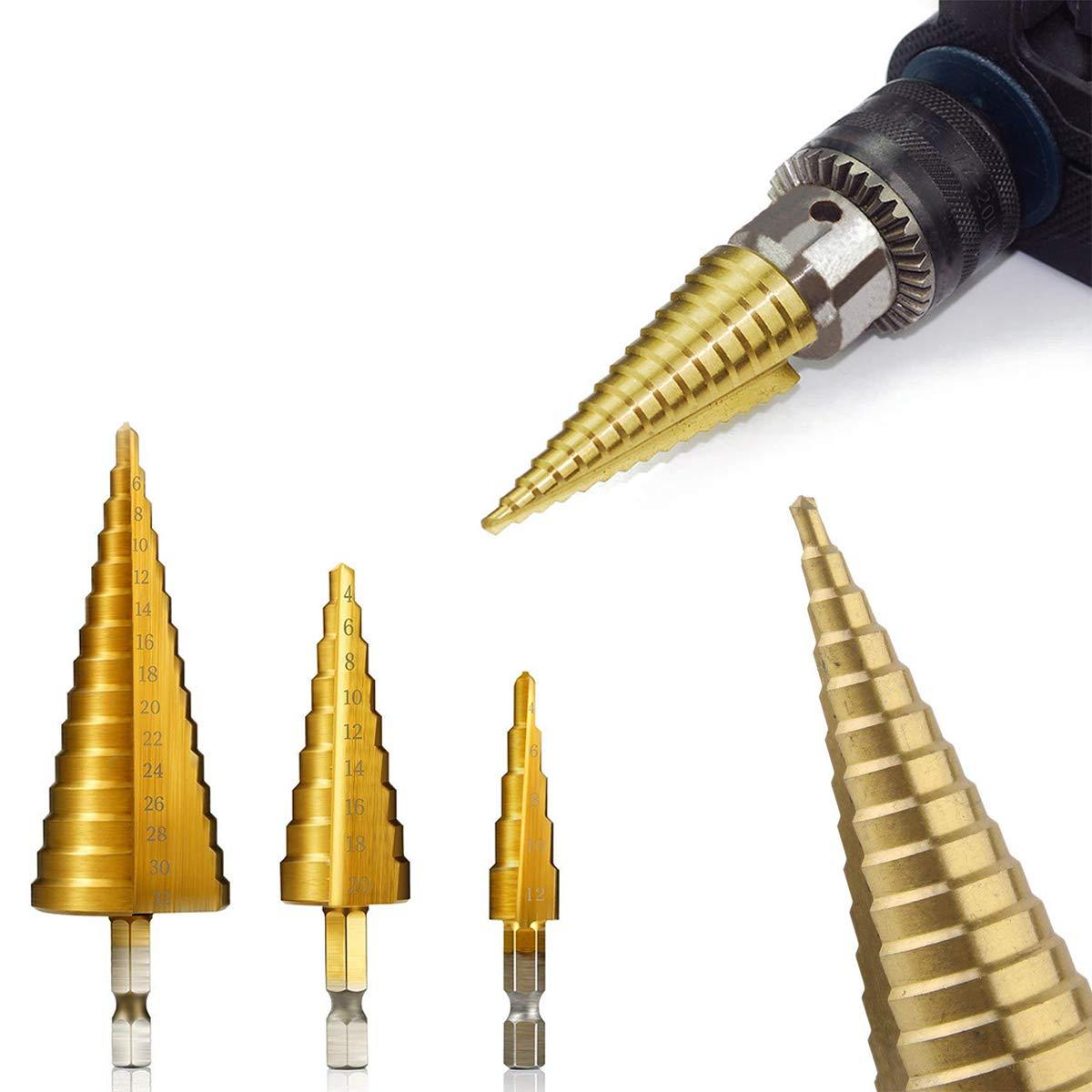 '-3X Large HSS Steel Step Cone Drill Titanium Bit Set Hole Cutter (4-32, 4-20, 4-12mm)