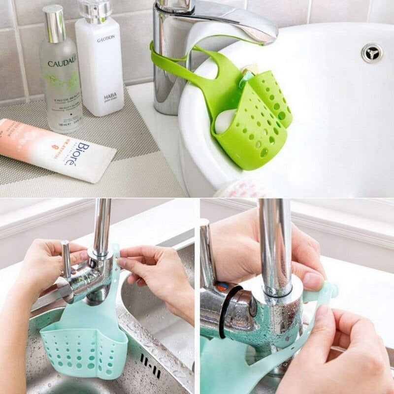 Adjustable Kitchen Bathroom Water Drainage Plastic Basket / Bag with Faucet Sink Caddy