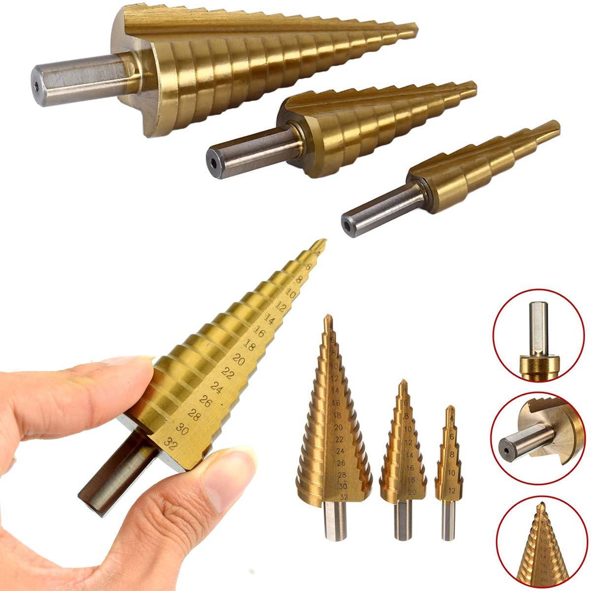 '-3X Large HSS Steel Step Cone Drill Titanium Bit Set Hole Cutter (4-32, 4-20, 4-12mm)