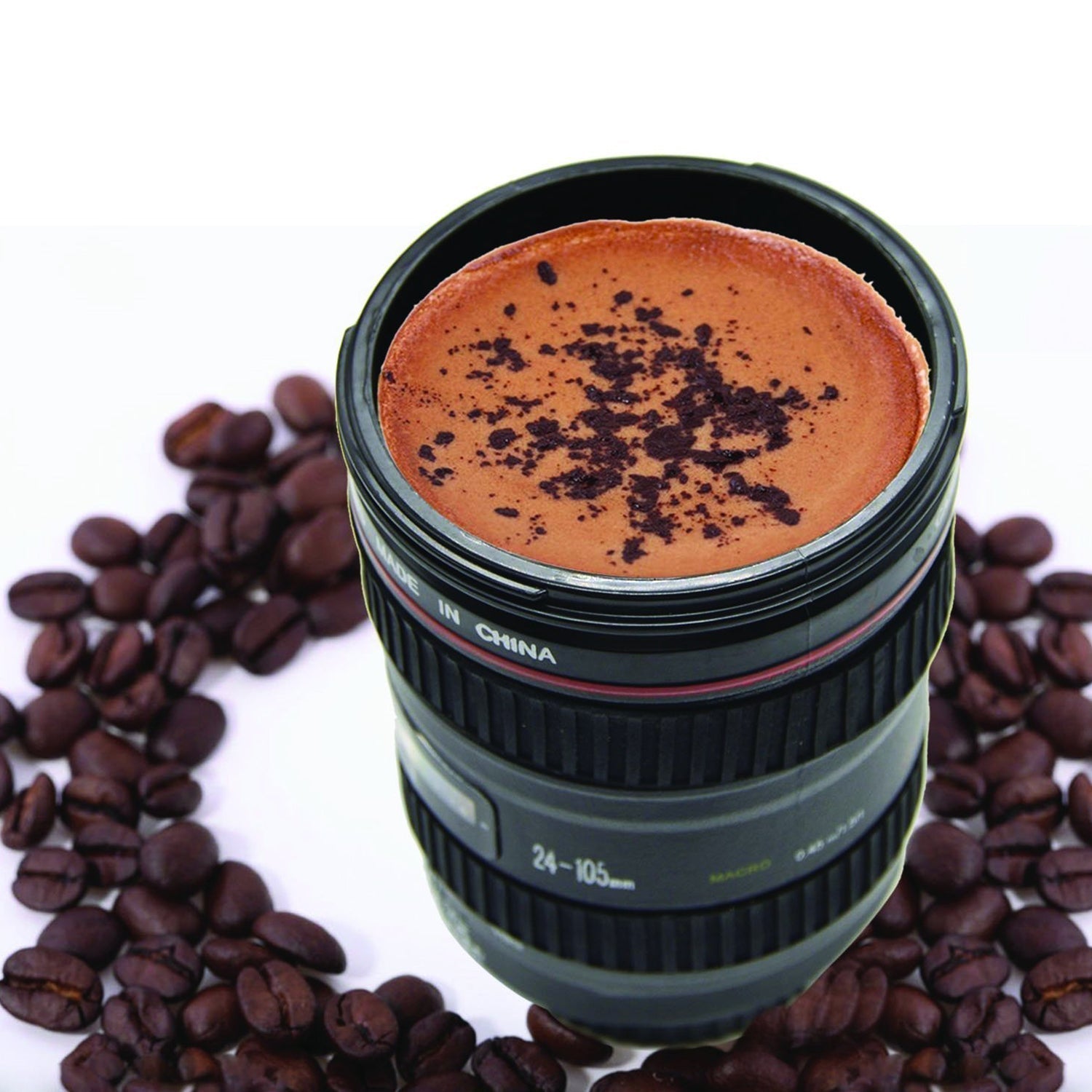 Camera lens shaped stainless steel coffee mug, showcasing its detailed design and metal finish