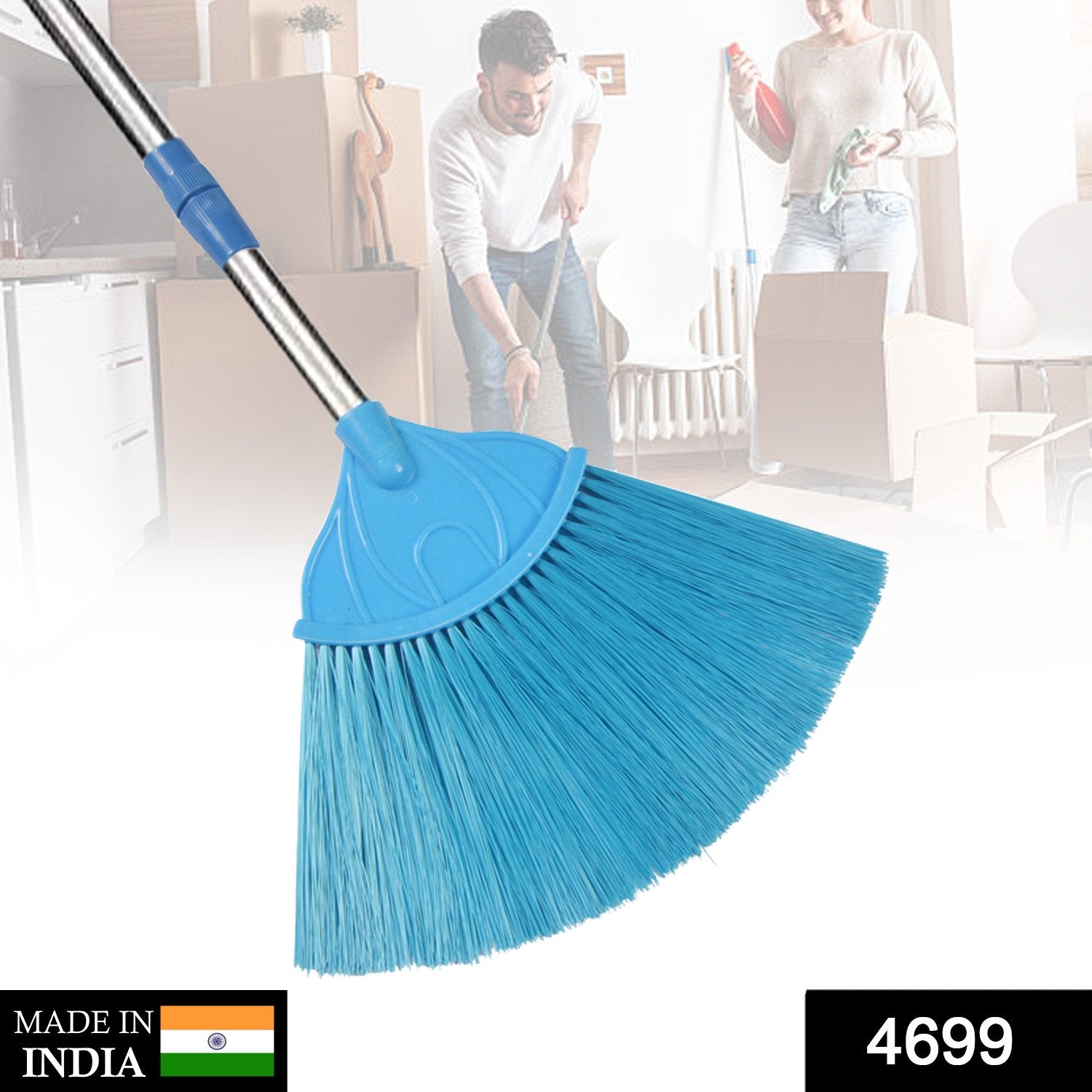 Broom with Long Stainless Steel Rod and Extendable Cobweb Cleaner Stick