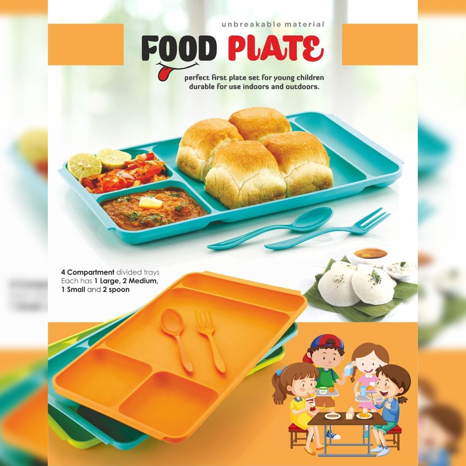 4Compartment Dish with Spoon and Fork(1 Dish Set with 1Spoon and 1Fork) Dinner Plate Plastic Compartment Plate Pav Bhaji Plate 4-Compartments Divided Plastic Food Plate.