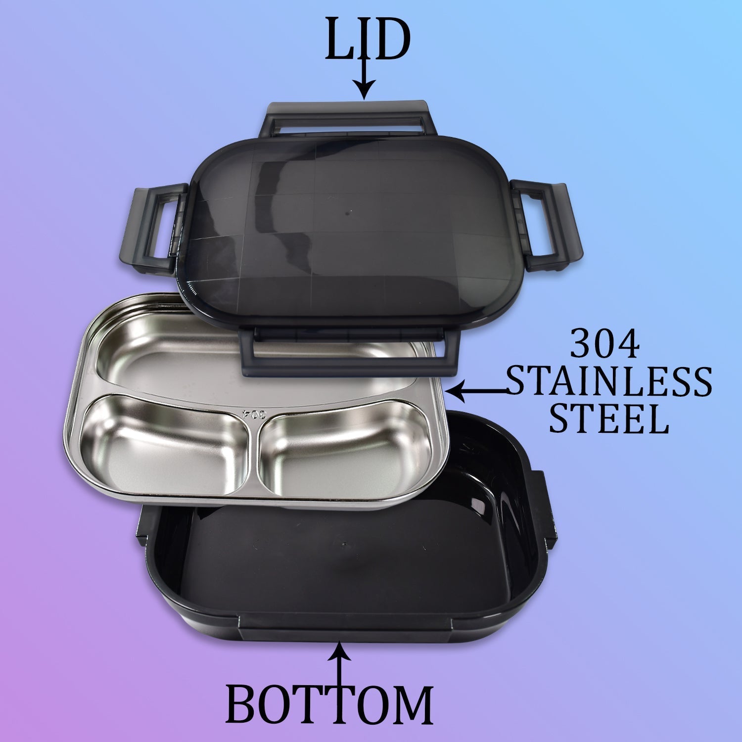 Black Transparent Lunch Box for Kids and adults, Stainless Steel Lunch Box with 3 Compartments.