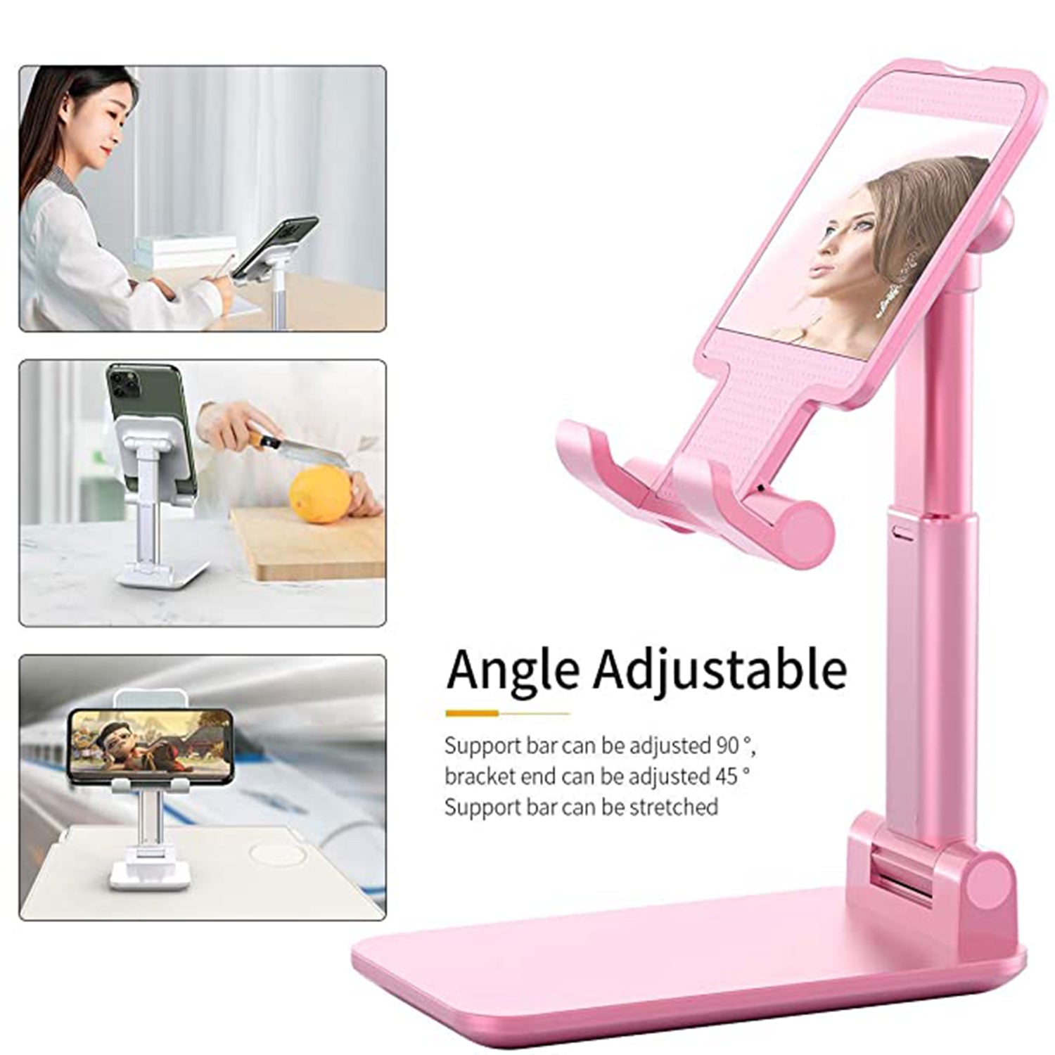 Desktop Cell Phone Stand Phone Holder with mirror full 3-Way Adjustable Phone Stand for Desk Height + Angles Perfect As Desk Organizers and Accessories.