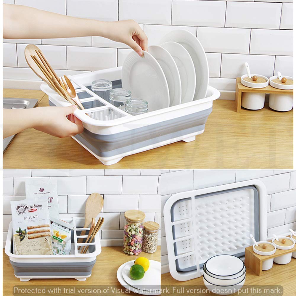 Collapsible Folding Silicone Dish Drying Drainer Rack with Spoon Fork Knife Storage Holder