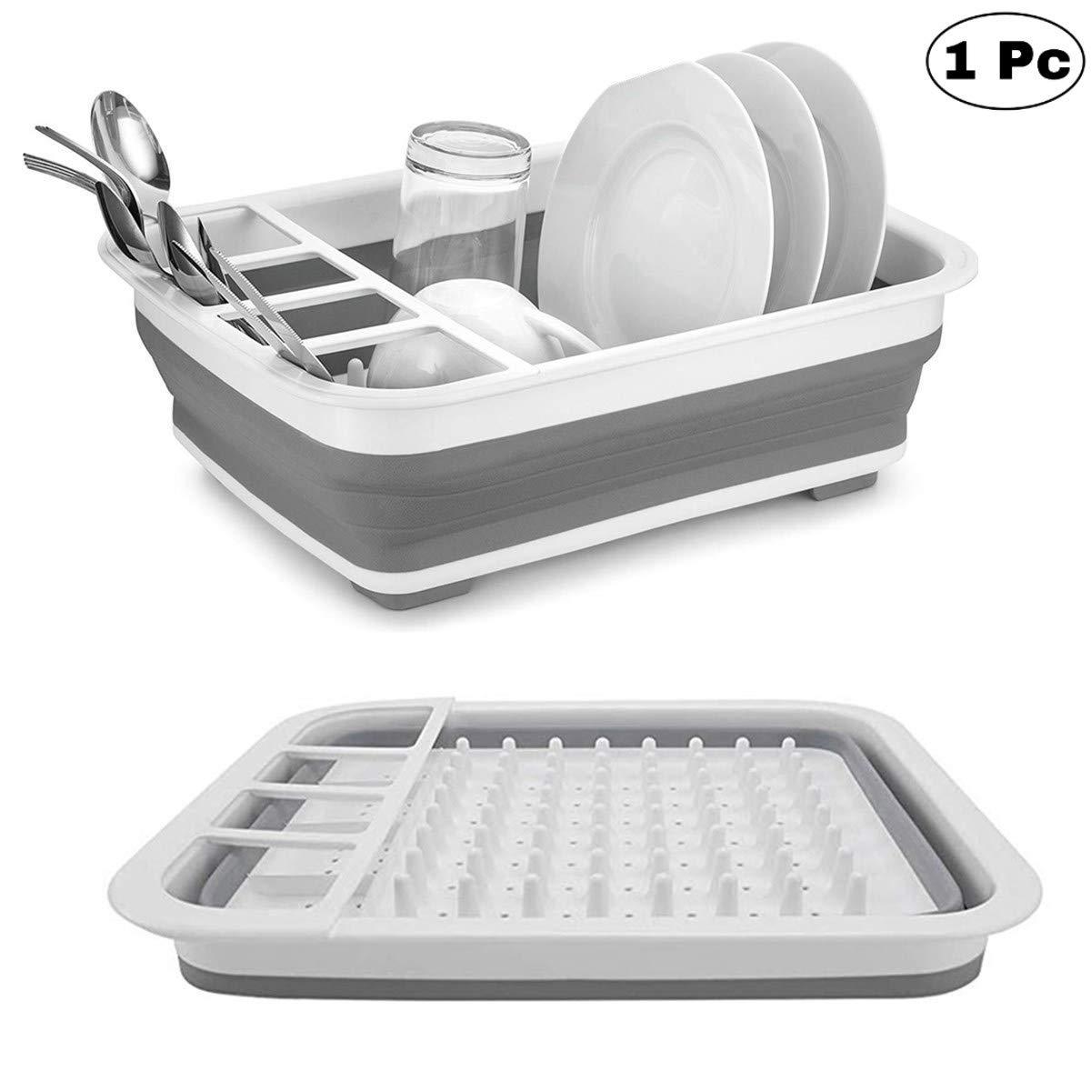 Collapsible Folding Silicone Dish Drying Drainer Rack with Spoon Fork Knife Storage Holder