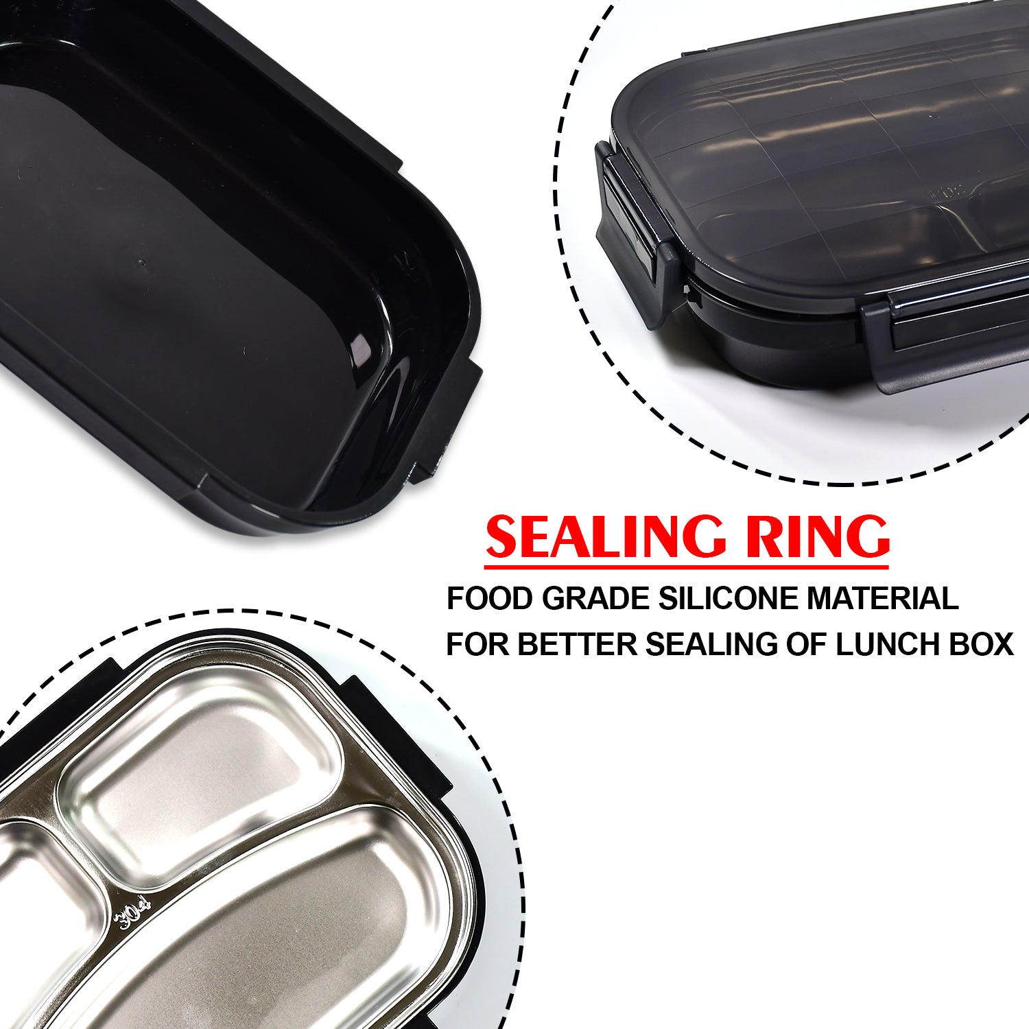 Black Transparent Lunch Box for Kids and adults, Stainless Steel Lunch Box with 3 Compartments.