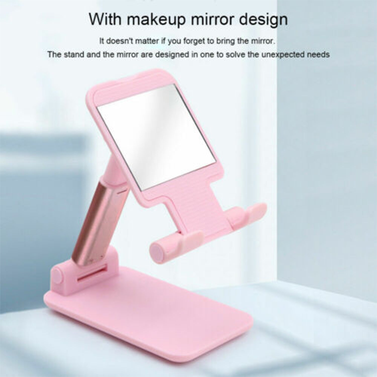 Desktop Cell Phone Stand Phone Holder with mirror full 3-Way Adjustable Phone Stand for Desk Height + Angles Perfect As Desk Organizers and Accessories.