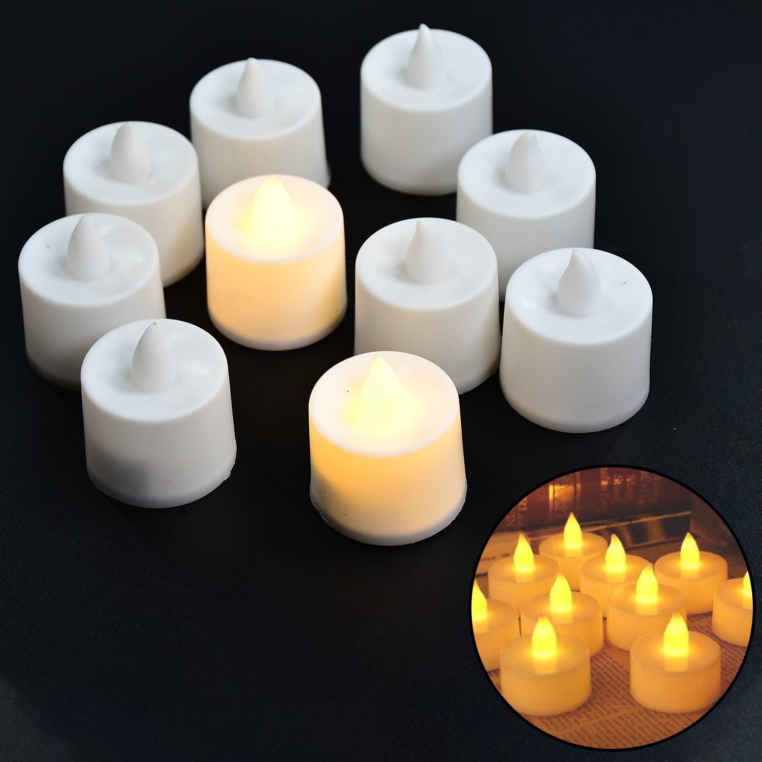 Festival Decorative - LED Yellow Tealight Candles (White, 10 Pcs) With Container