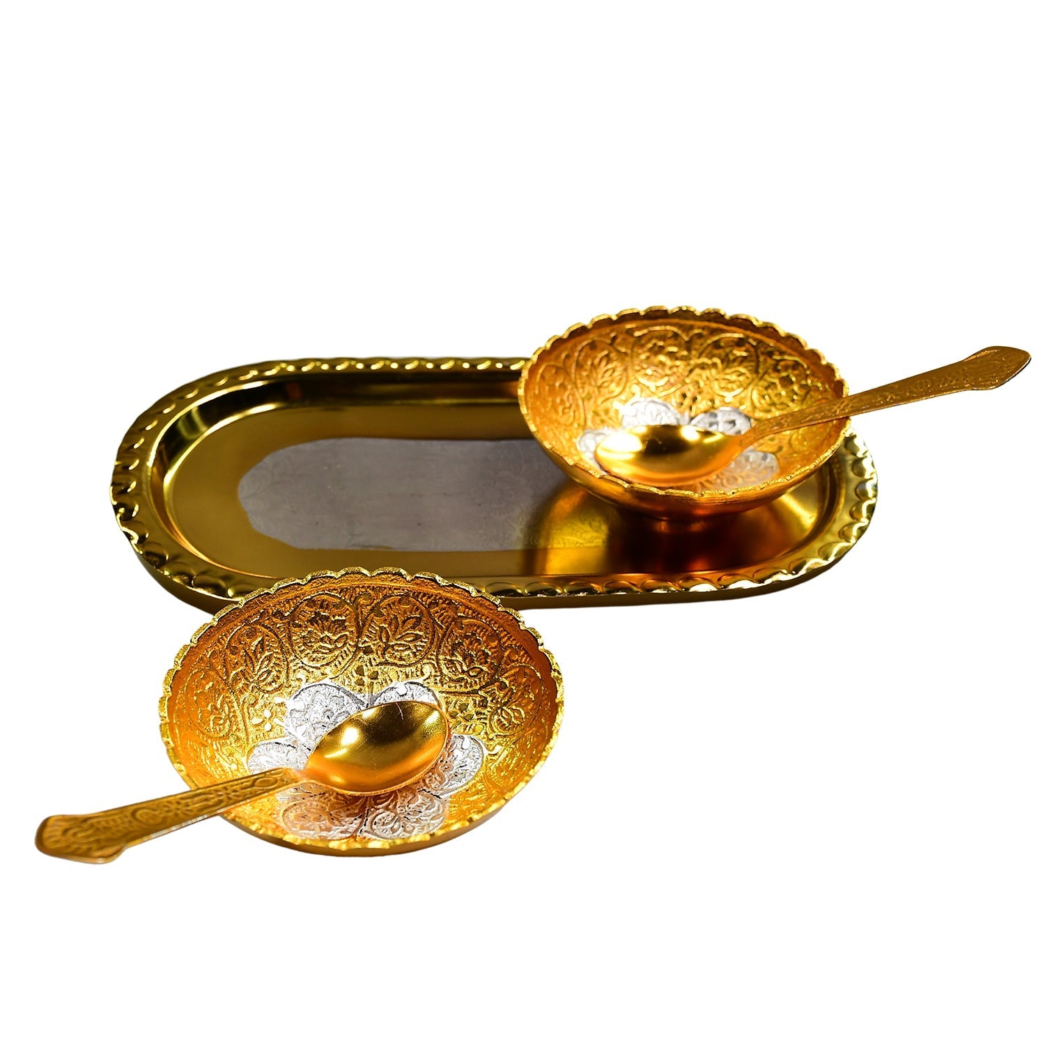 Gold Silver Plated 2 Bowl 2 Spoon Tray Set Brass with Red Velvet Gift Box Serving Dry Fruits Desserts Gift