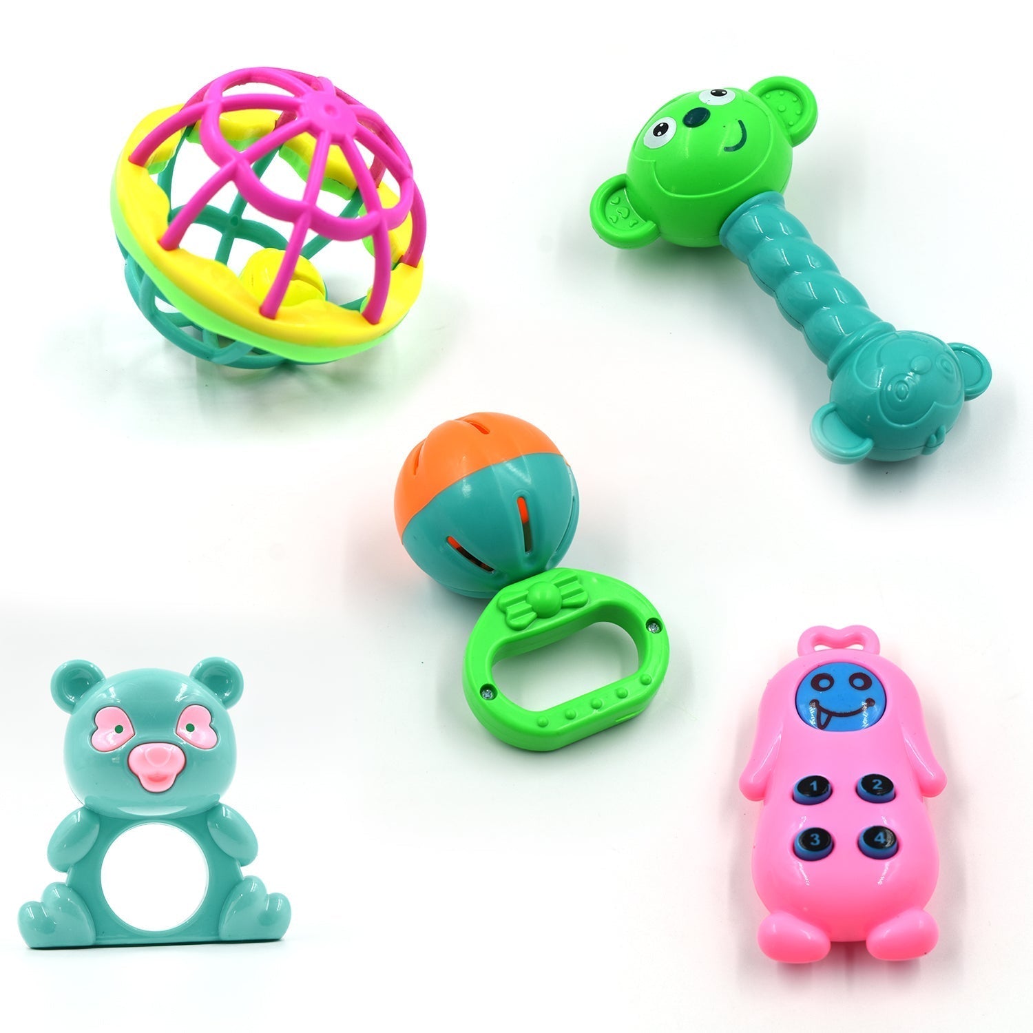 AT38 5Pc Rattles Baby Toy and game for kids and babies for playing and enjoying purposes.