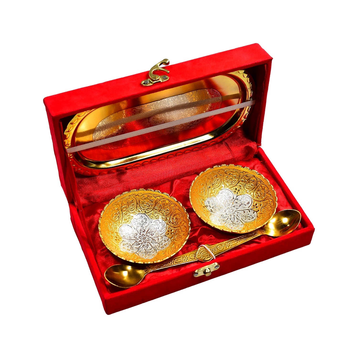 Gold Silver Plated 2 Bowl 2 Spoon Tray Set Brass with Red Velvet Gift Box Serving Dry Fruits Desserts Gift