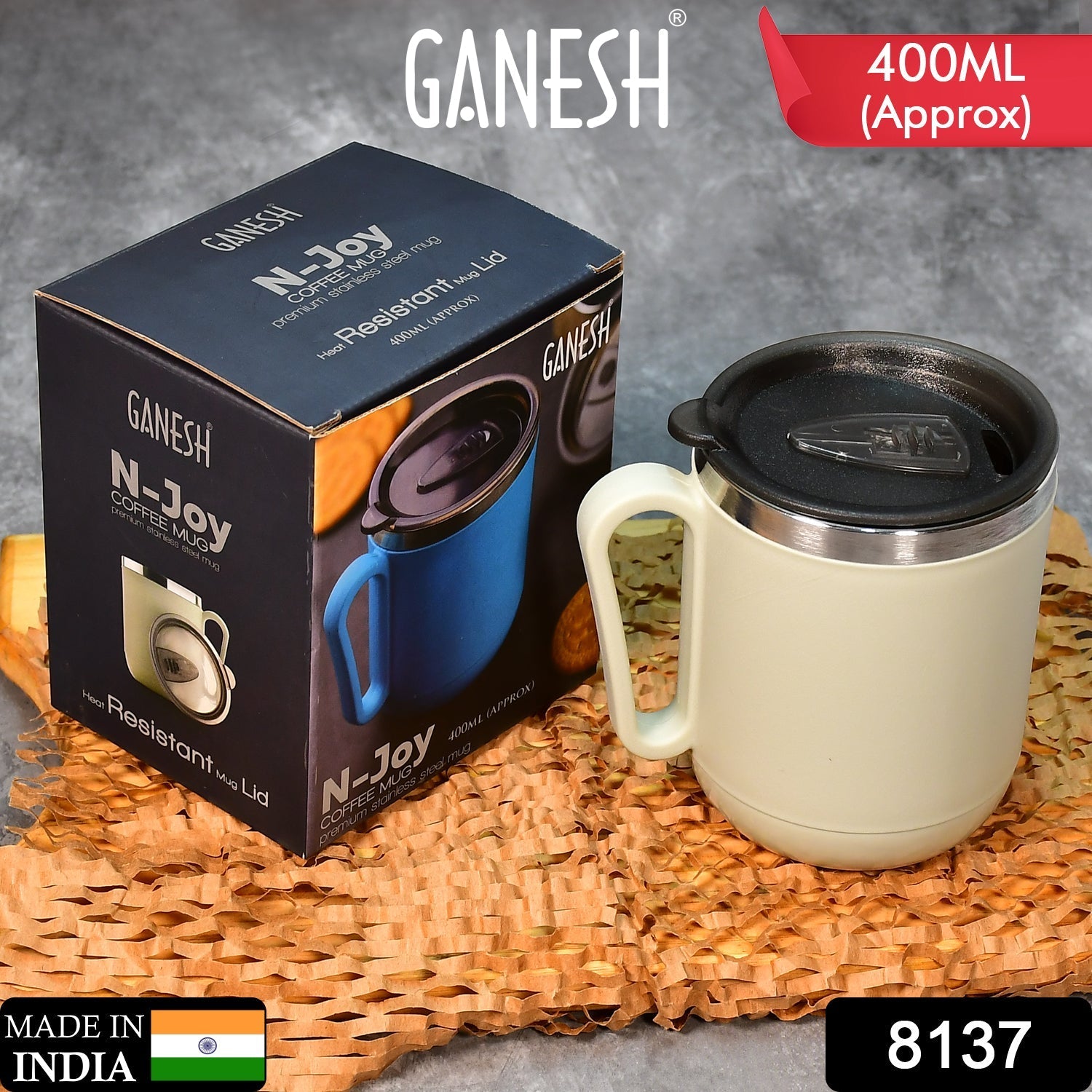 Ganesh Premium Stainless Steel Coffee Mug with heat resistant mug lid. Approx 400Ml mug.